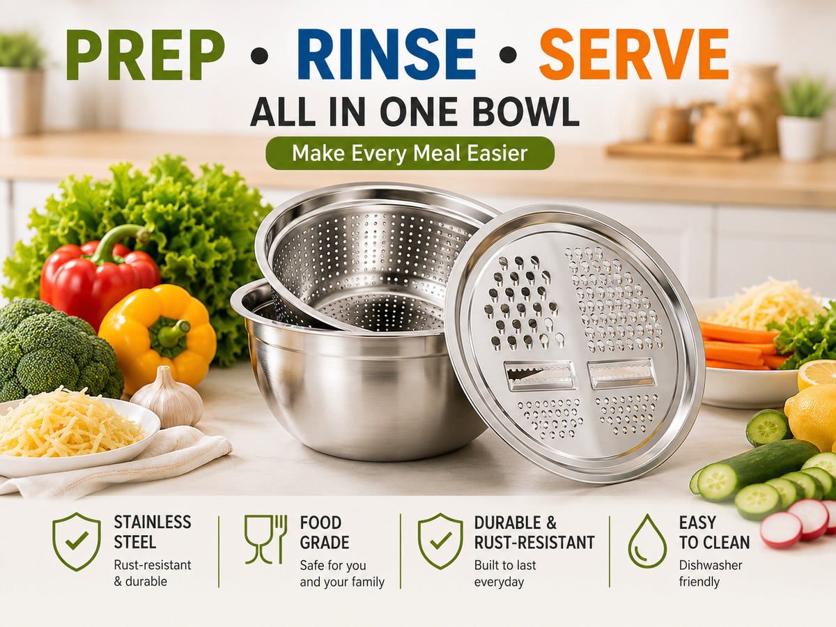 3-in-1 Stainless Steel Grater Bowl & Colander – Multi-Functional Food Prep Kitchen Tool
