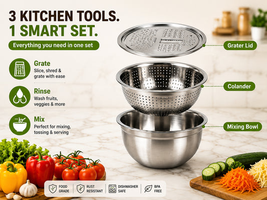 3-in-1 Stainless Steel Grater Bowl & Colander – Multi-Functional Food Prep Kitchen Tool