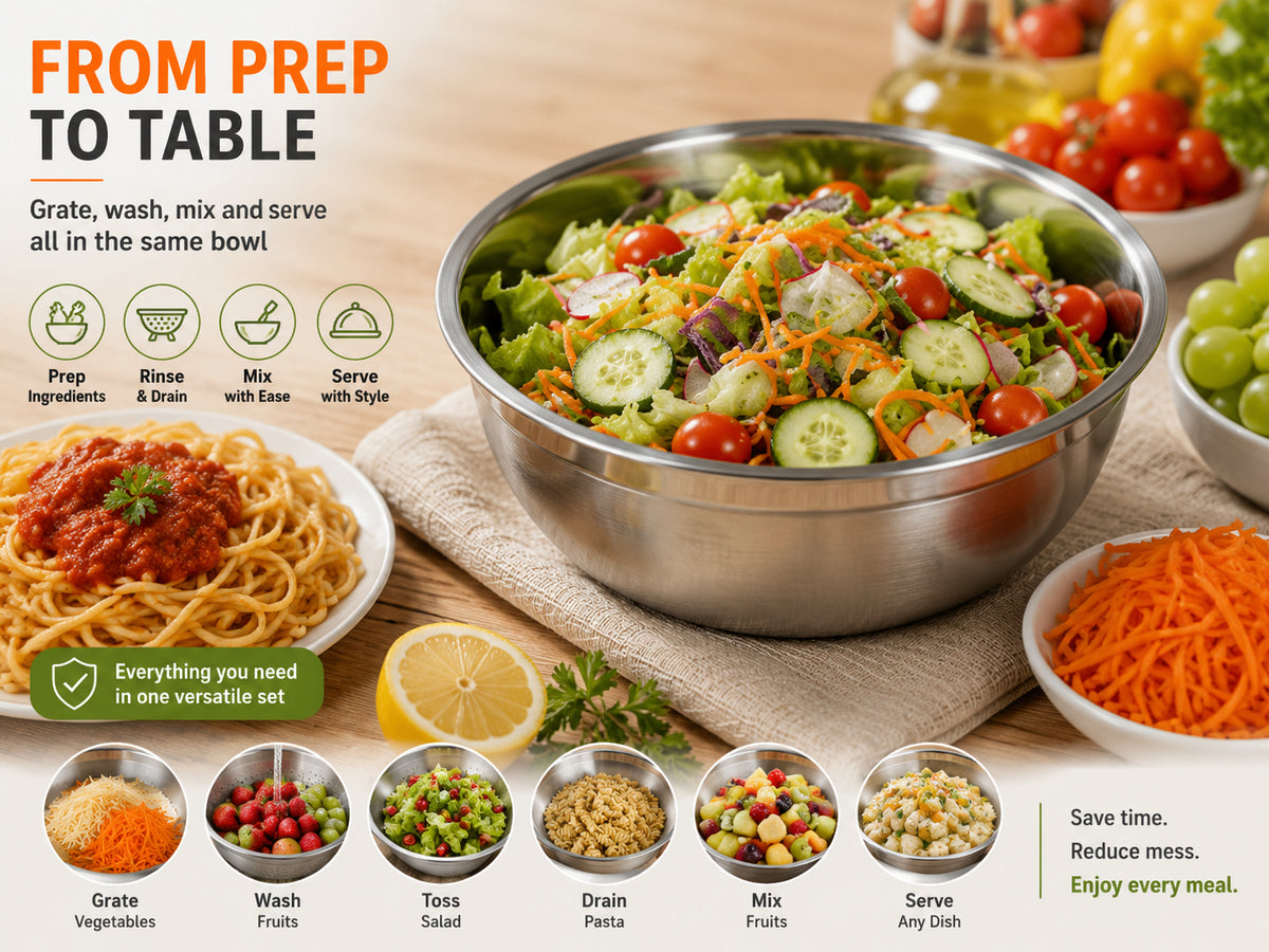 3-in-1 Stainless Steel Grater Bowl & Colander – Multi-Functional Food Prep Kitchen Tool