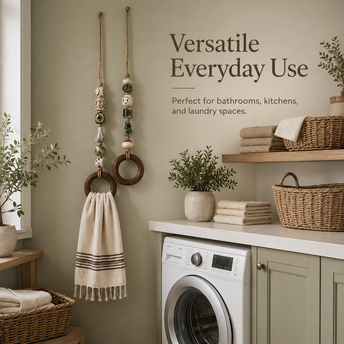 Handmade Beaded Towel Hanger with Wooden Ring – Rustic Farmhouse Bathroom & Kitchen Decor