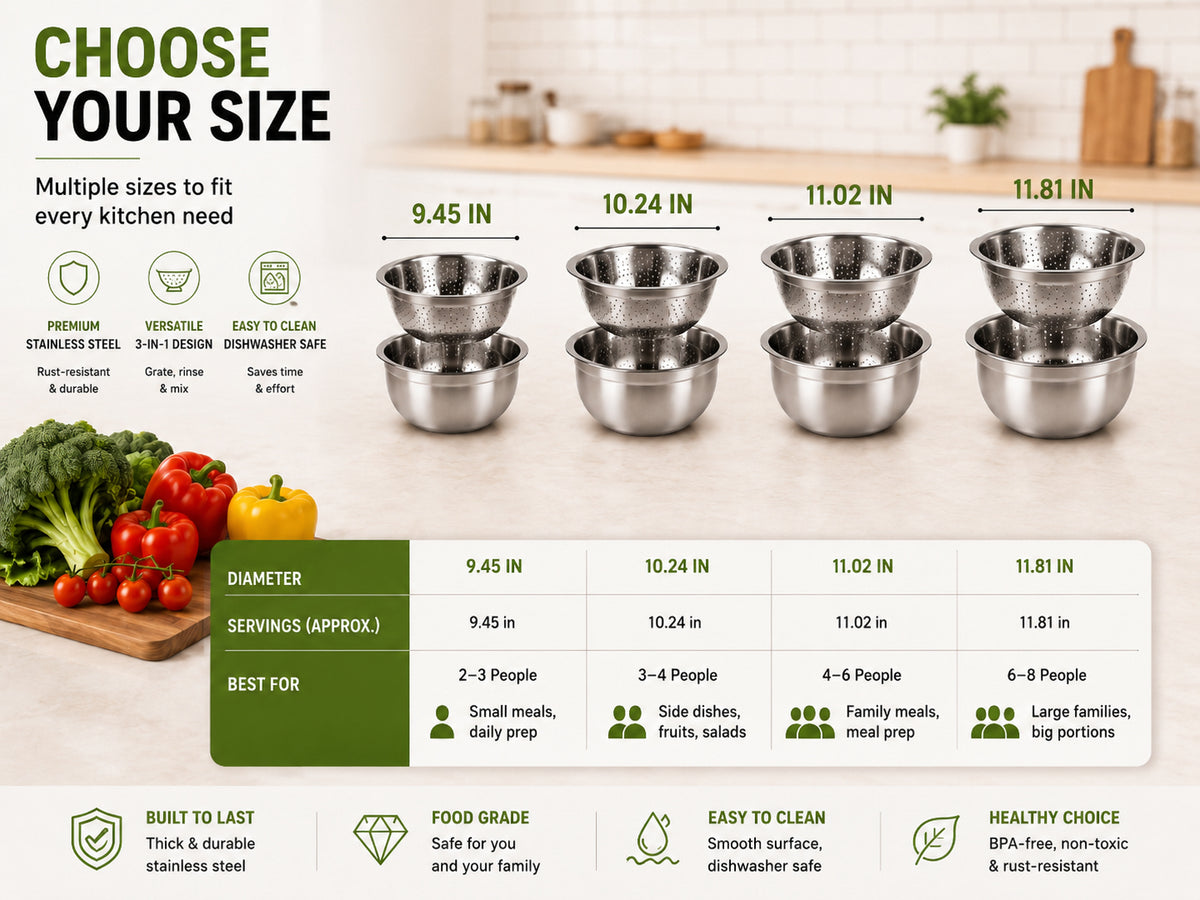 3-in-1 Stainless Steel Grater Bowl & Colander – Multi-Functional Food Prep Kitchen Tool