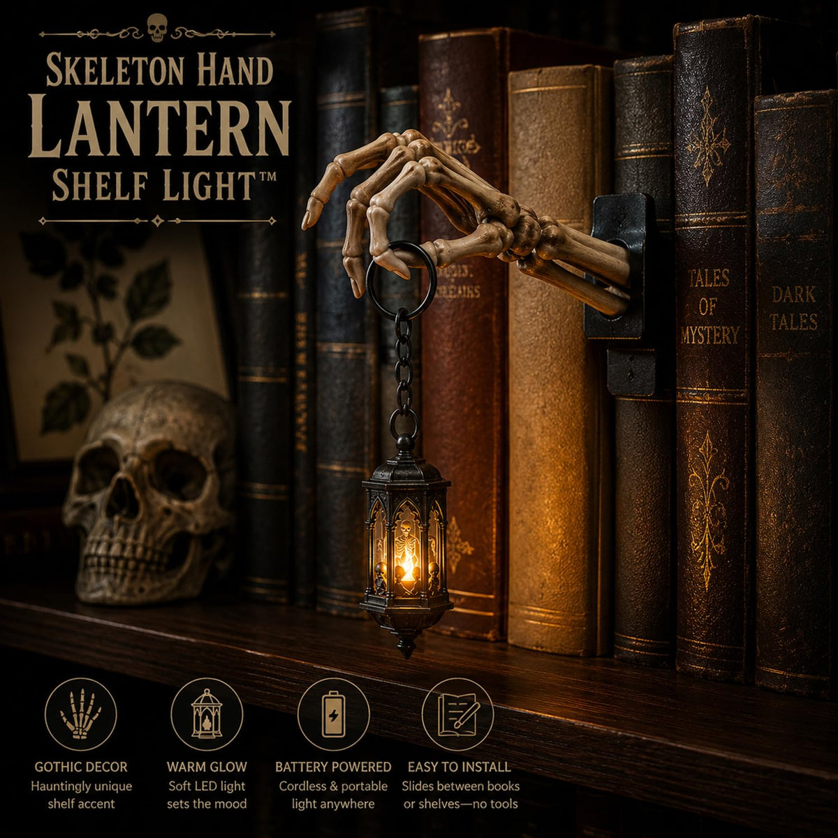 Skeleton Hand Lantern Shelf Light, Bookshelf Lantern, Halloween Decorations, (Skeleton Hand)