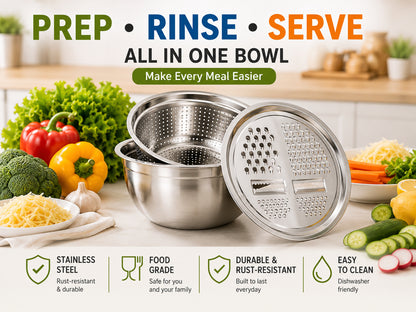 3-in-1 Stainless Steel Grater Bowl & Colander – Multi-Functional Food Prep Kitchen Tool