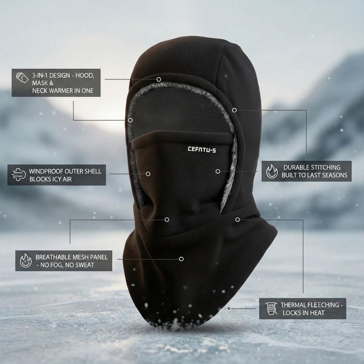 Windproof 3-in-1 Winter Balaclava – Warm Hood, Face Mask & Neck Warmer