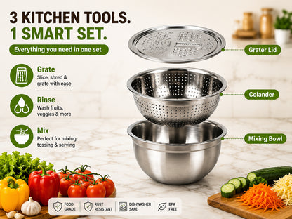 3-in-1 Stainless Steel Grater Bowl & Colander – Multi-Functional Food Prep Kitchen Tool