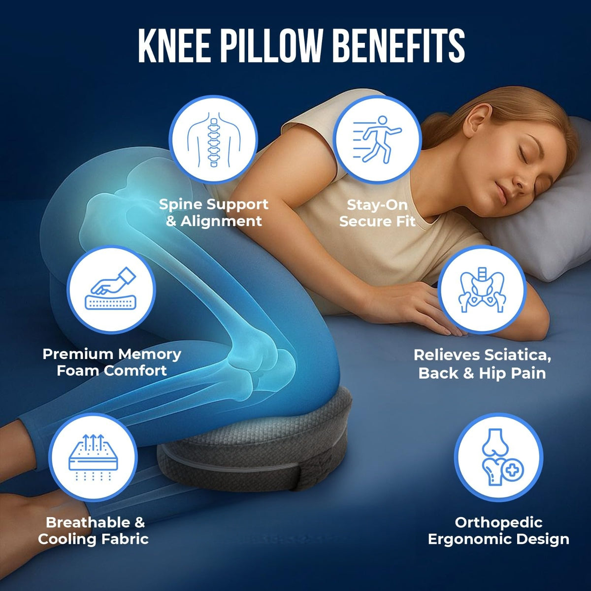 Memory Foam Knee Pillow for Side Sleepers – Ergonomic Leg Pillow with Adjustable Strap for Hip, Knee & Back Support