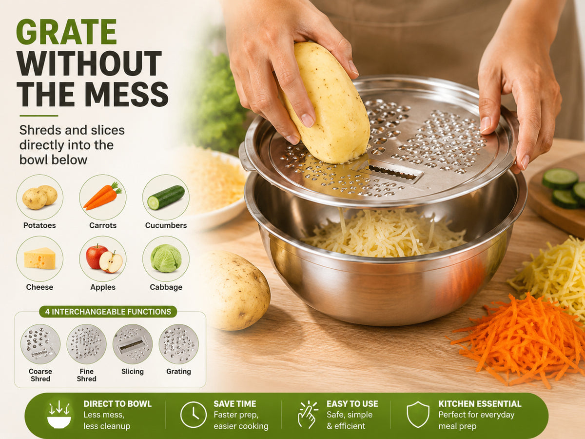 3-in-1 Stainless Steel Grater Bowl & Colander – Multi-Functional Food Prep Kitchen Tool