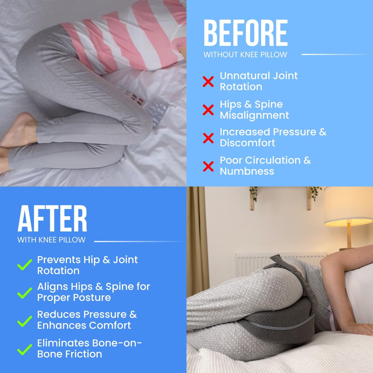 Memory Foam Knee Pillow for Side Sleepers – Ergonomic Leg Pillow with Adjustable Strap for Hip, Knee & Back Support