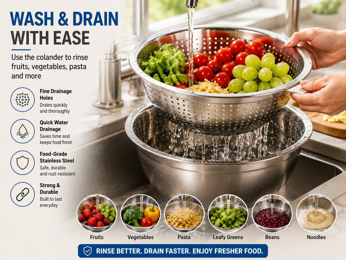 3-in-1 Stainless Steel Grater Bowl & Colander – Multi-Functional Food Prep Kitchen Tool