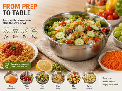 3-in-1 Stainless Steel Grater Bowl & Colander – Multi-Functional Food Prep Kitchen Tool