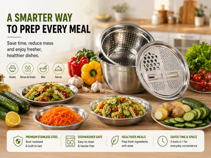 3-in-1 Stainless Steel Grater Bowl & Colander – Multi-Functional Food Prep Kitchen Tool