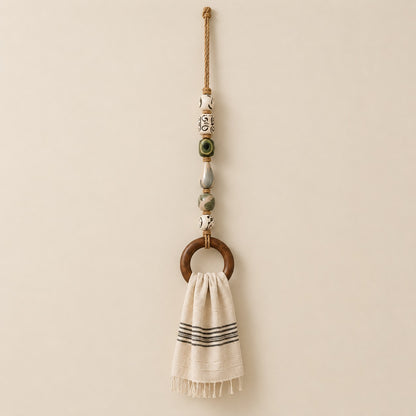 Handmade Beaded Towel Hanger with Wooden Ring – Rustic Farmhouse Bathroom & Kitchen Decor