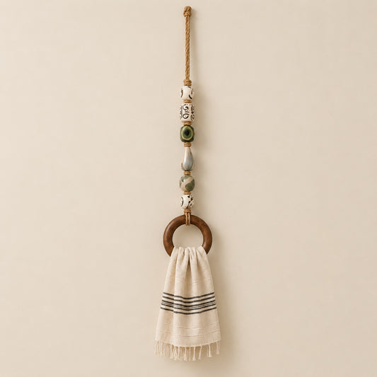 Handmade Beaded Towel Hanger with Wooden Ring – Rustic Farmhouse Bathroom & Kitchen Decor